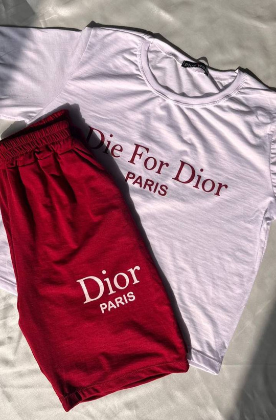 تیشرت شلوارک جیب دارDior رنگ سفید زرشکی